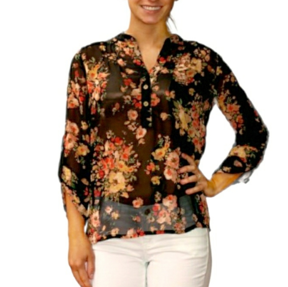 Forever 21 Floral Sheer Blouse Top Size Small